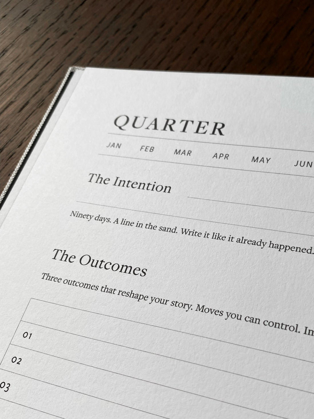 Close up of The PLNR, the spread of The Quarterly overview. Laying on a dark oak wooden table.